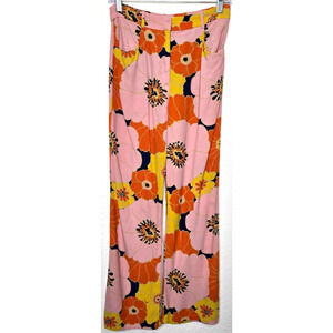 Zara Womens Pants Small Orange Pink Floral Flared Leg High Rise Retro BLOG FAVE